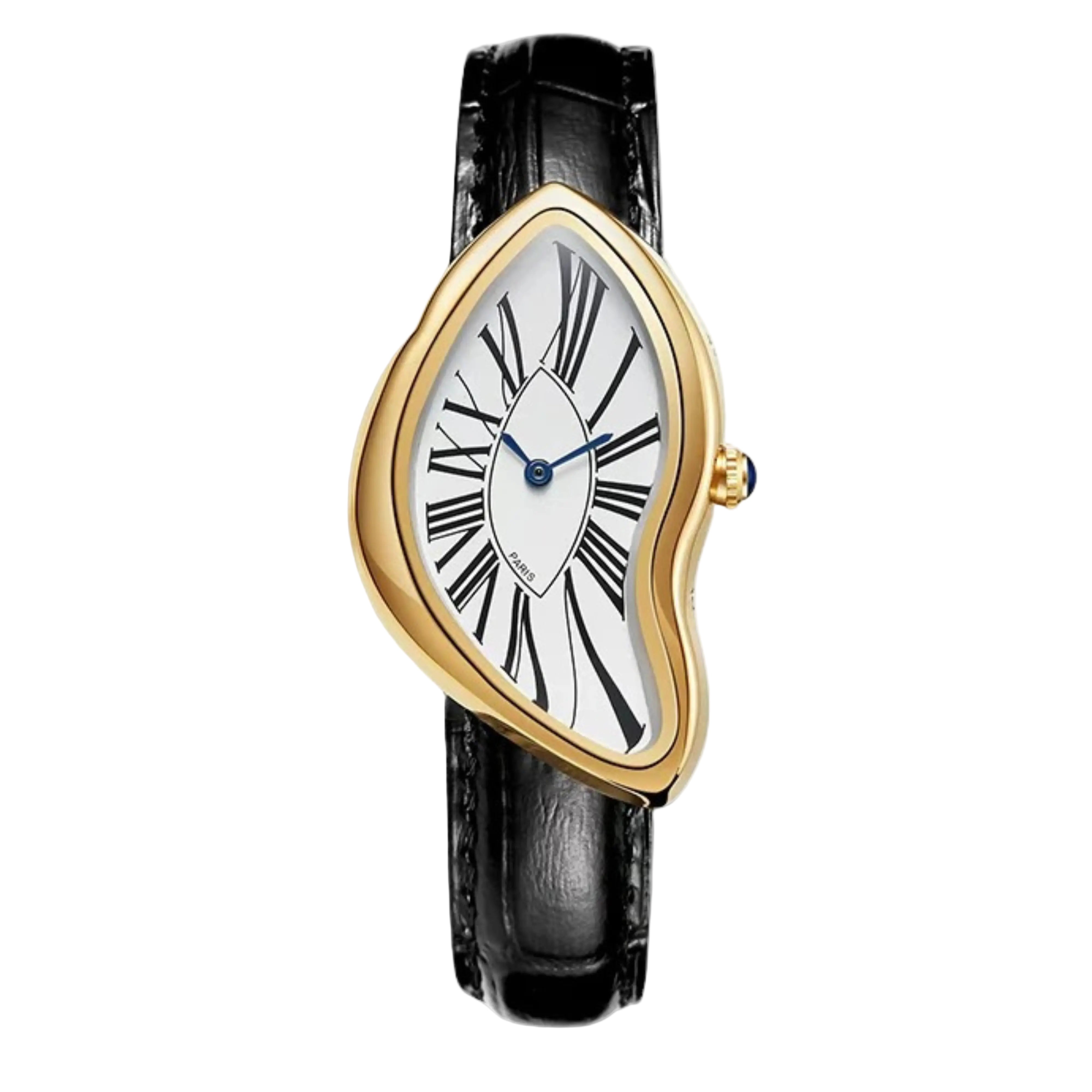Gold-framed watch with black leather strap on a white background