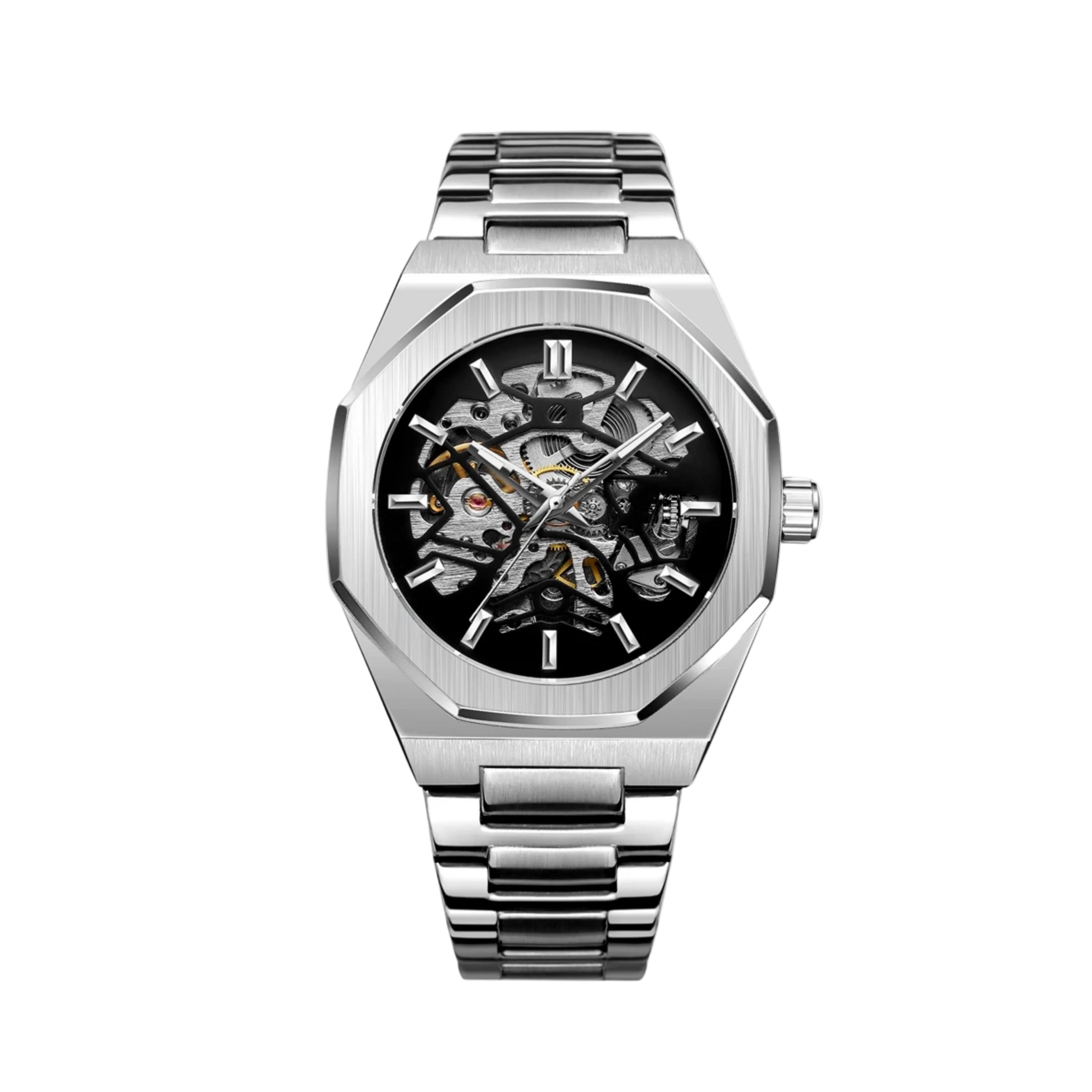 Silver wristwatch with a black face on a white background