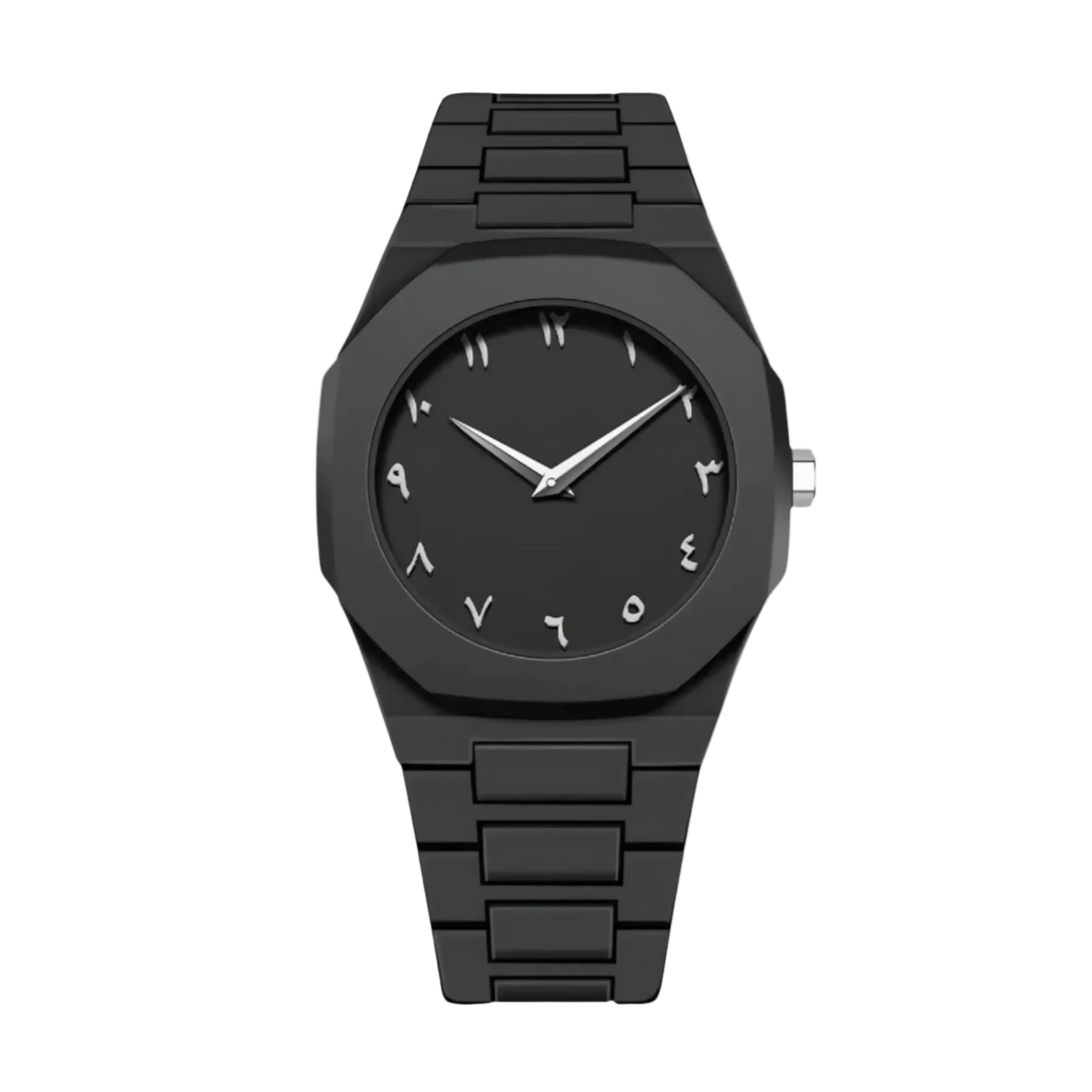 Black wristwatch with a minimalistic design on a light gray background