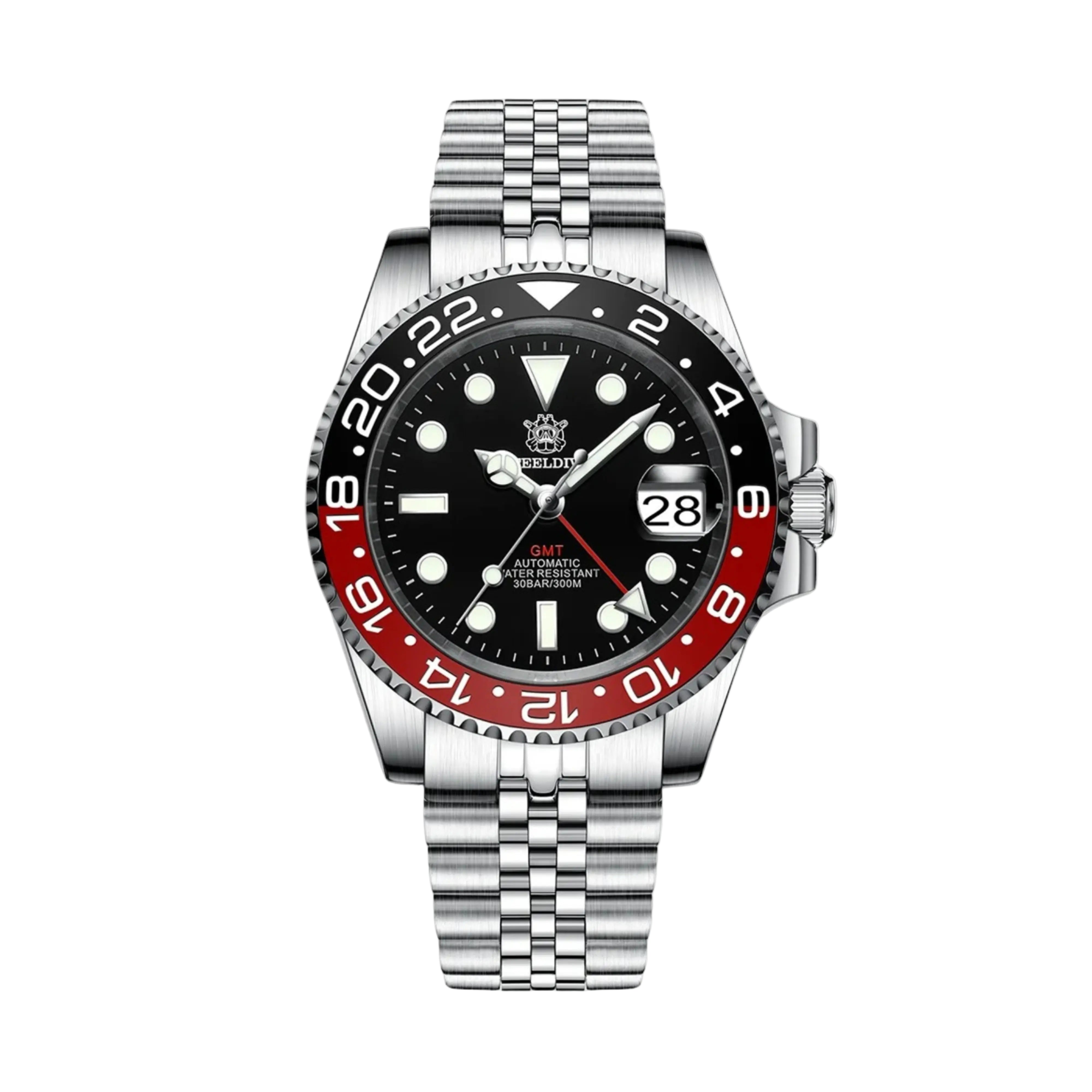 Luxury watch with black face, red bezel, and silver metal bracelet on a white background