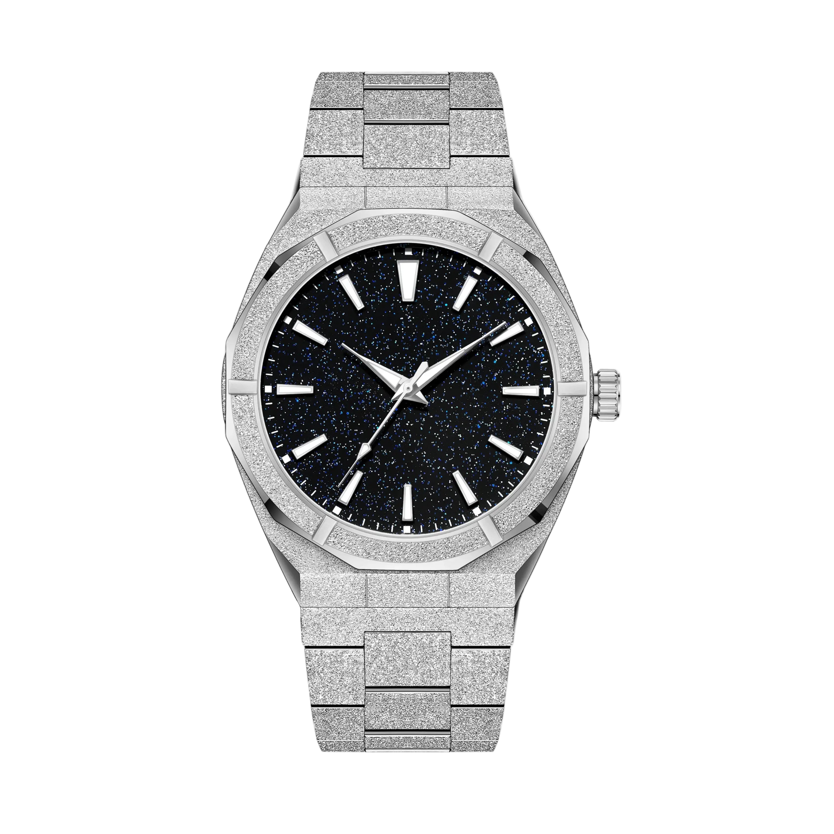 Silver watch with a black face on a white background