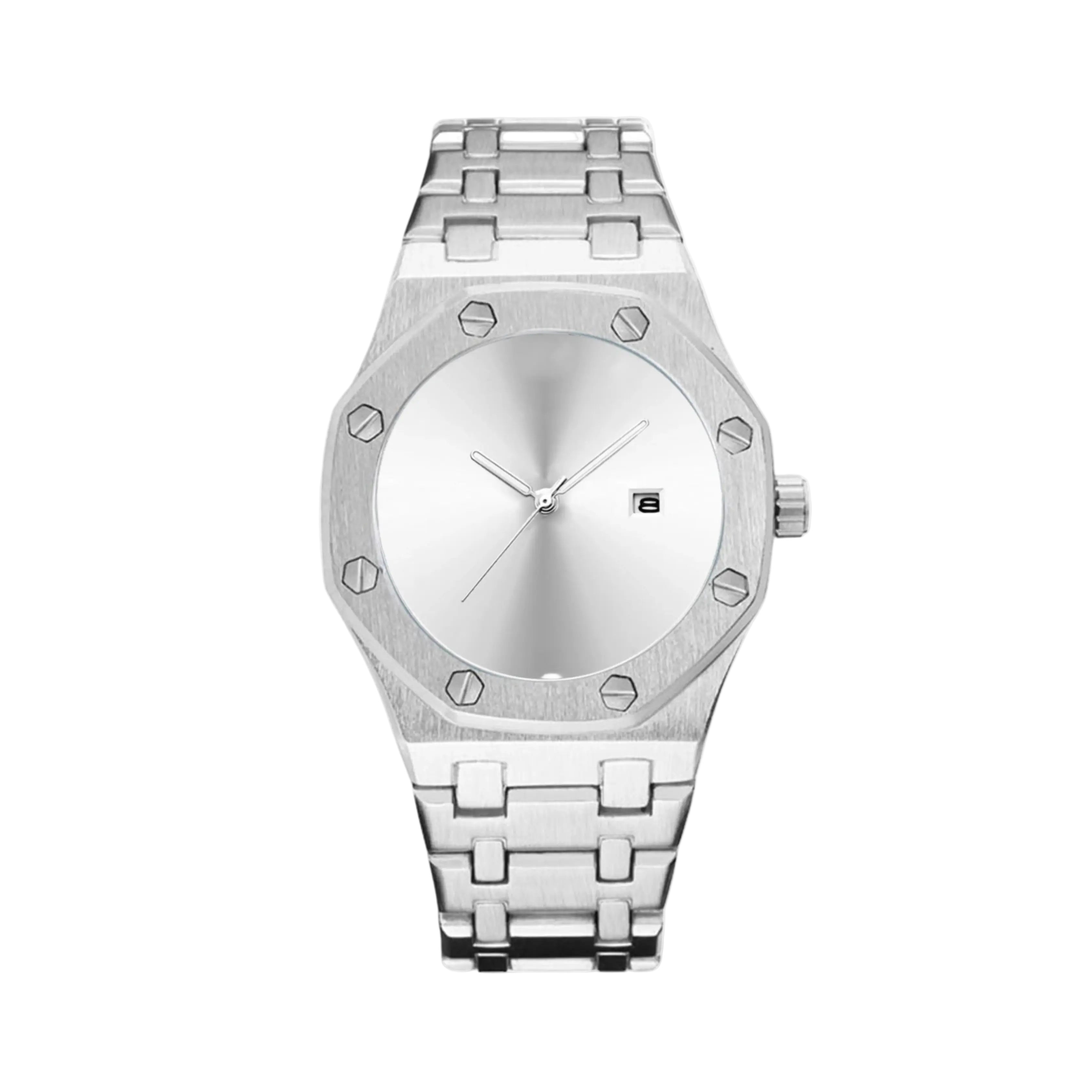 Silver watch with a metal band on a white background