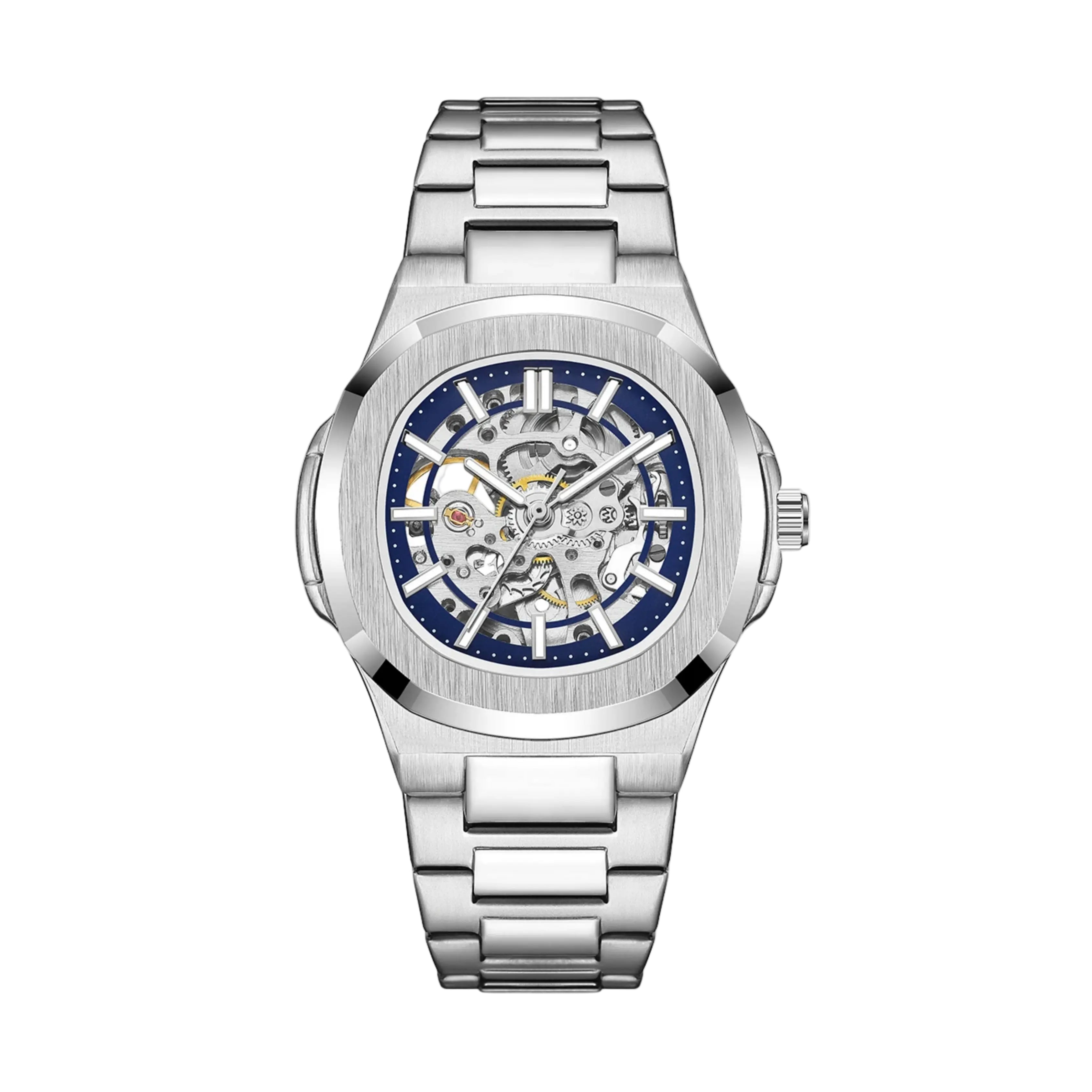 Silver wristwatch with a blue face on a white background