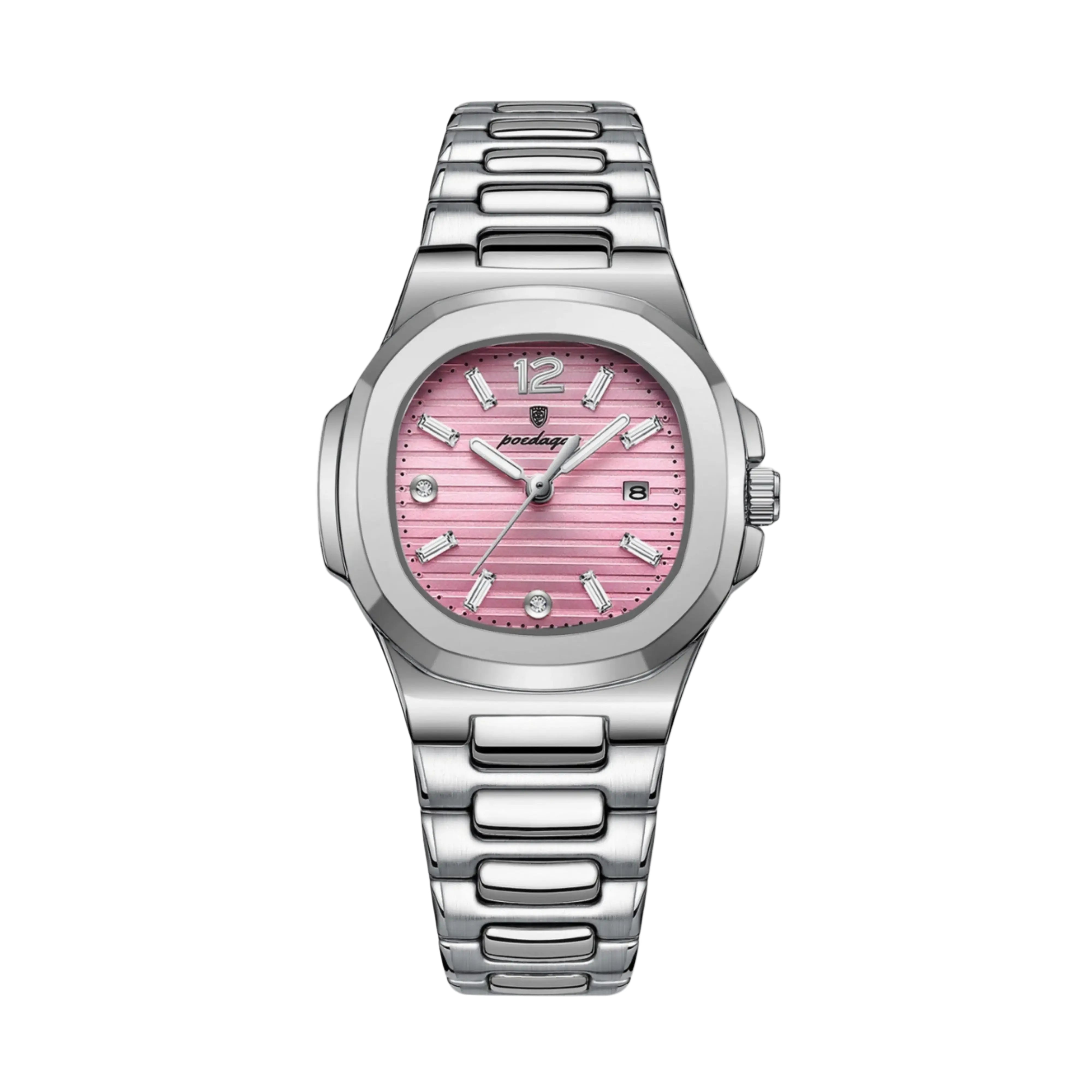 Silver watch with a pink face on a white background