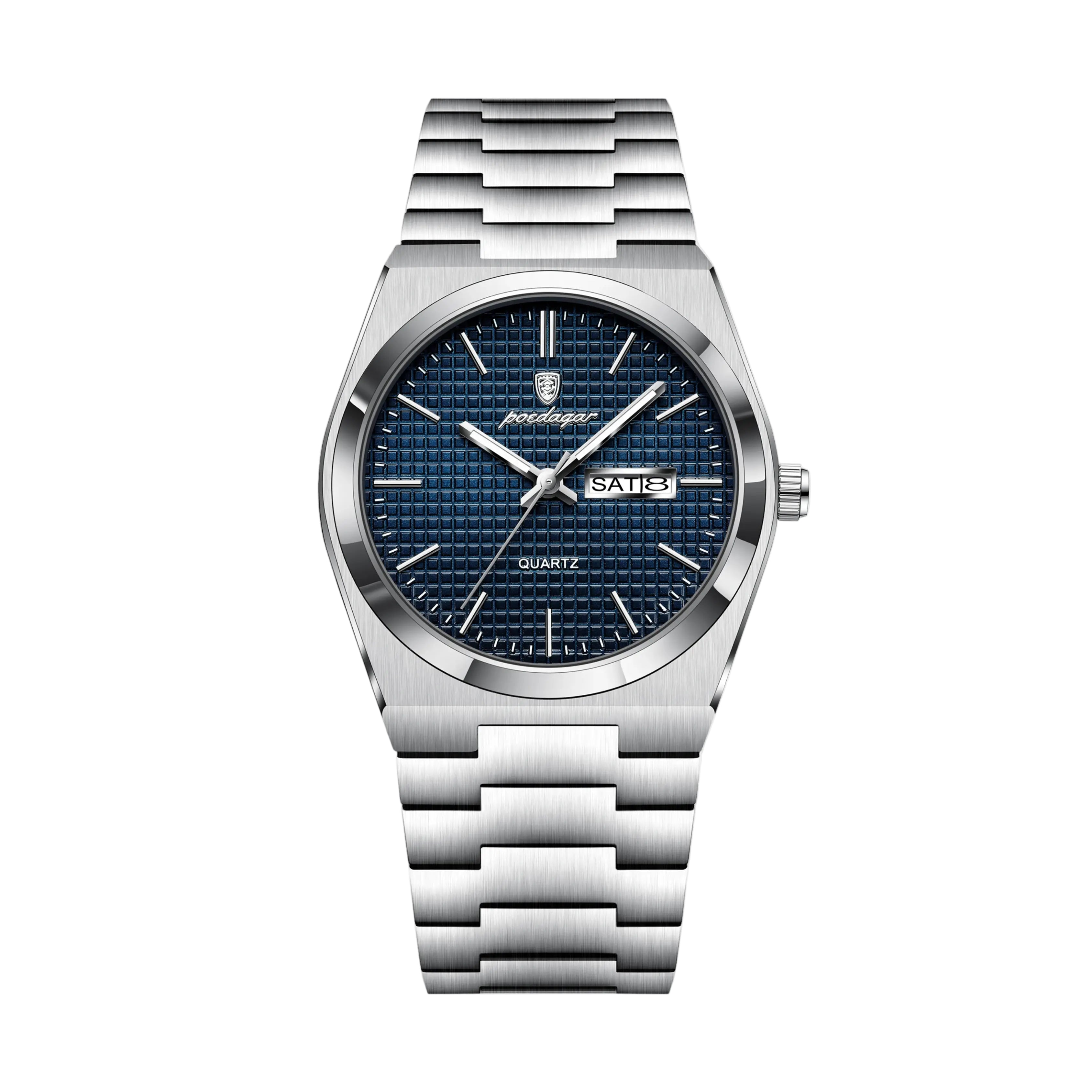 Silver watch with blue dial on a white background